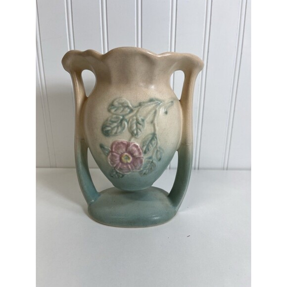 Vintage Hull pottery pink/blue Vase Dogwood wild rose 502  6  1/2  Double handle - Picture 6 of 6